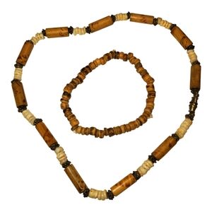 Vintage Boho Wood & Bone-Look Beaded Necklace + Bracelet Set